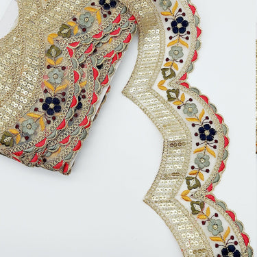 9 Yards Scallop Sequin Floral Border, Beige Shimmer Tissue Fabric Lace Trim Flowers Embroidery, Floral Sari Trimming